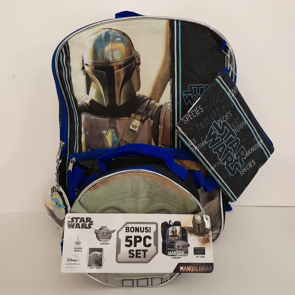 5 PIECE Star Wars Backpack Set w/ Lunch Bag & Cinch Pencil Pouch Mandalorian